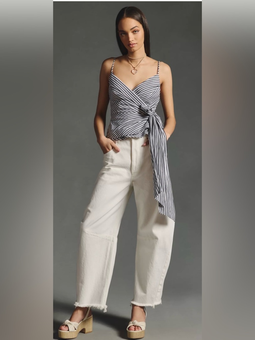 NWT Maeve Striped Wrap Tie-Front Cami Top - Charcoal/Black  & White